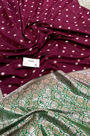 Wine and Green Rudraksha Buti Katan Silk Banarasi Saree