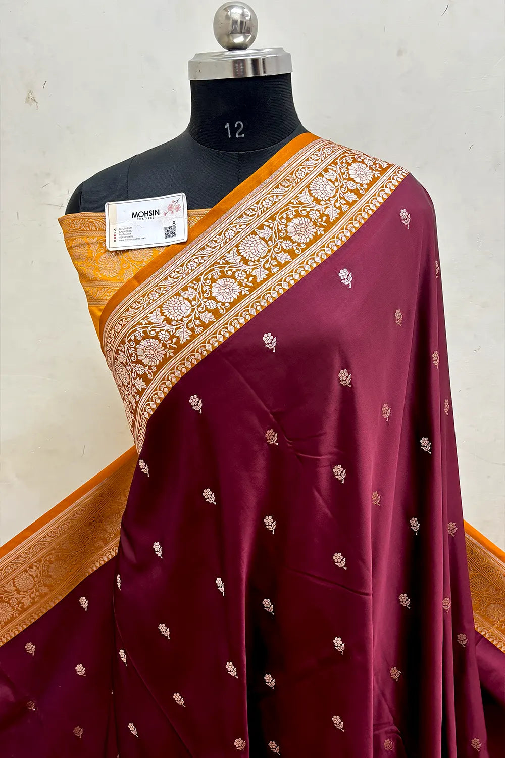Wine and Mustard Lily Buti Katan Mashru Silk Banarasi Saree
