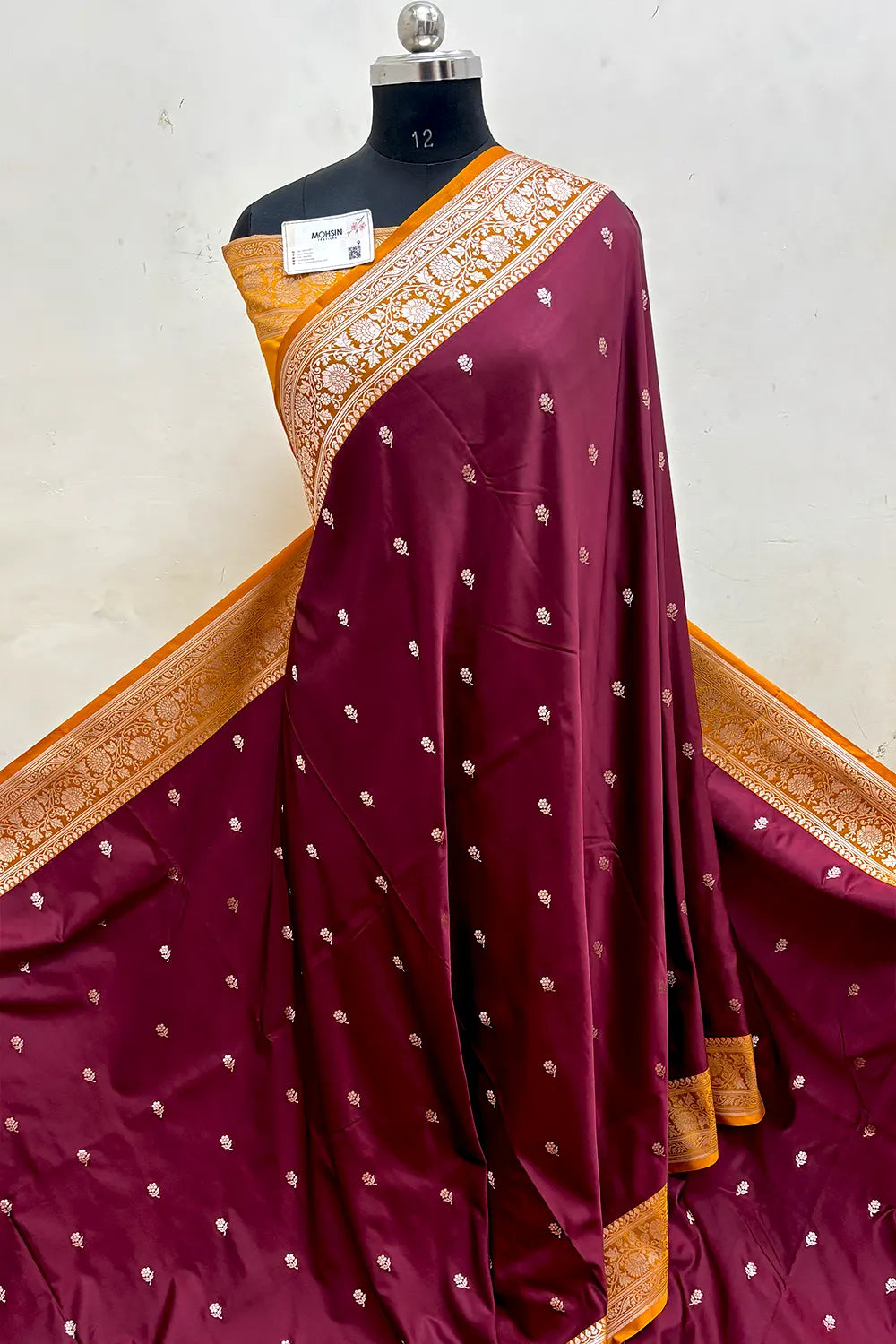 Wine and Mustard Lily Buti Katan Mashru Silk Banarasi Saree