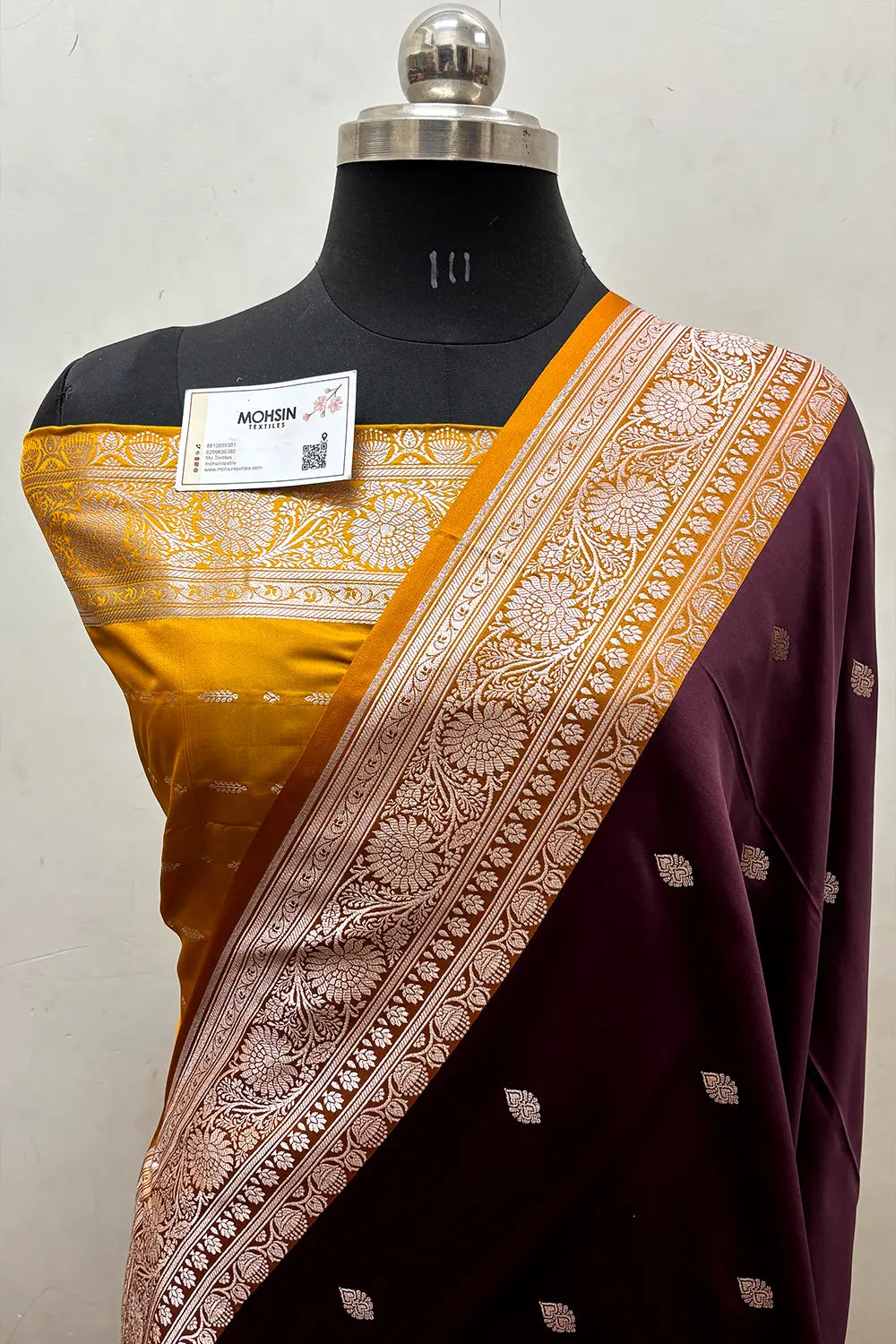 Wine and Mustard Zari Katan Mashru Silk Banarasi Saree