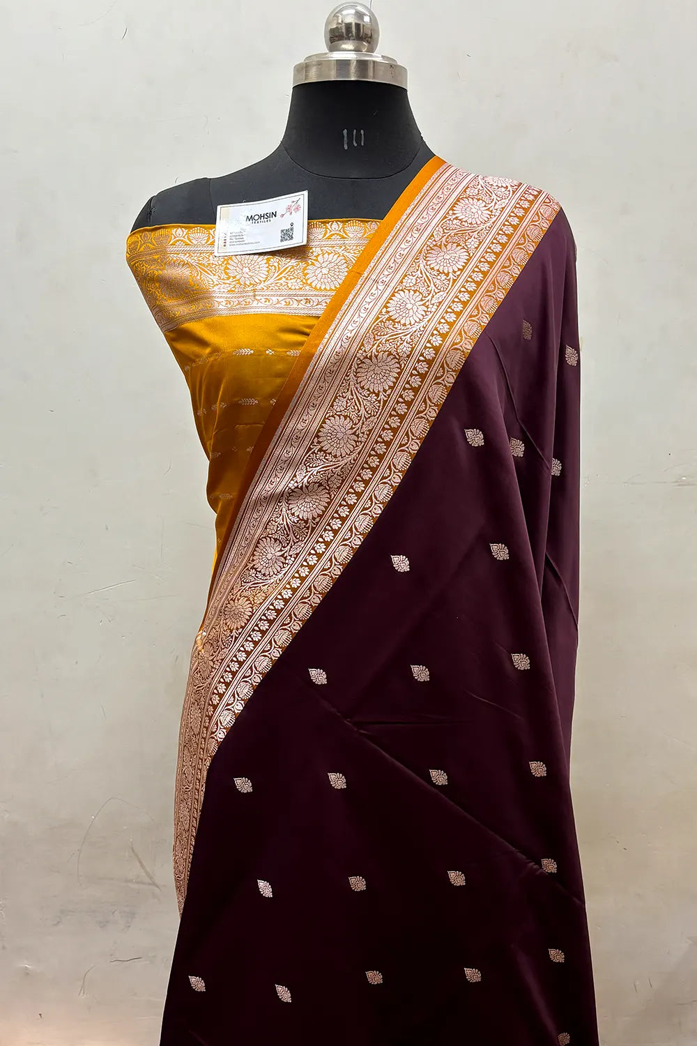 Wine and Mustard Zari Katan Mashru Silk Banarasi Saree