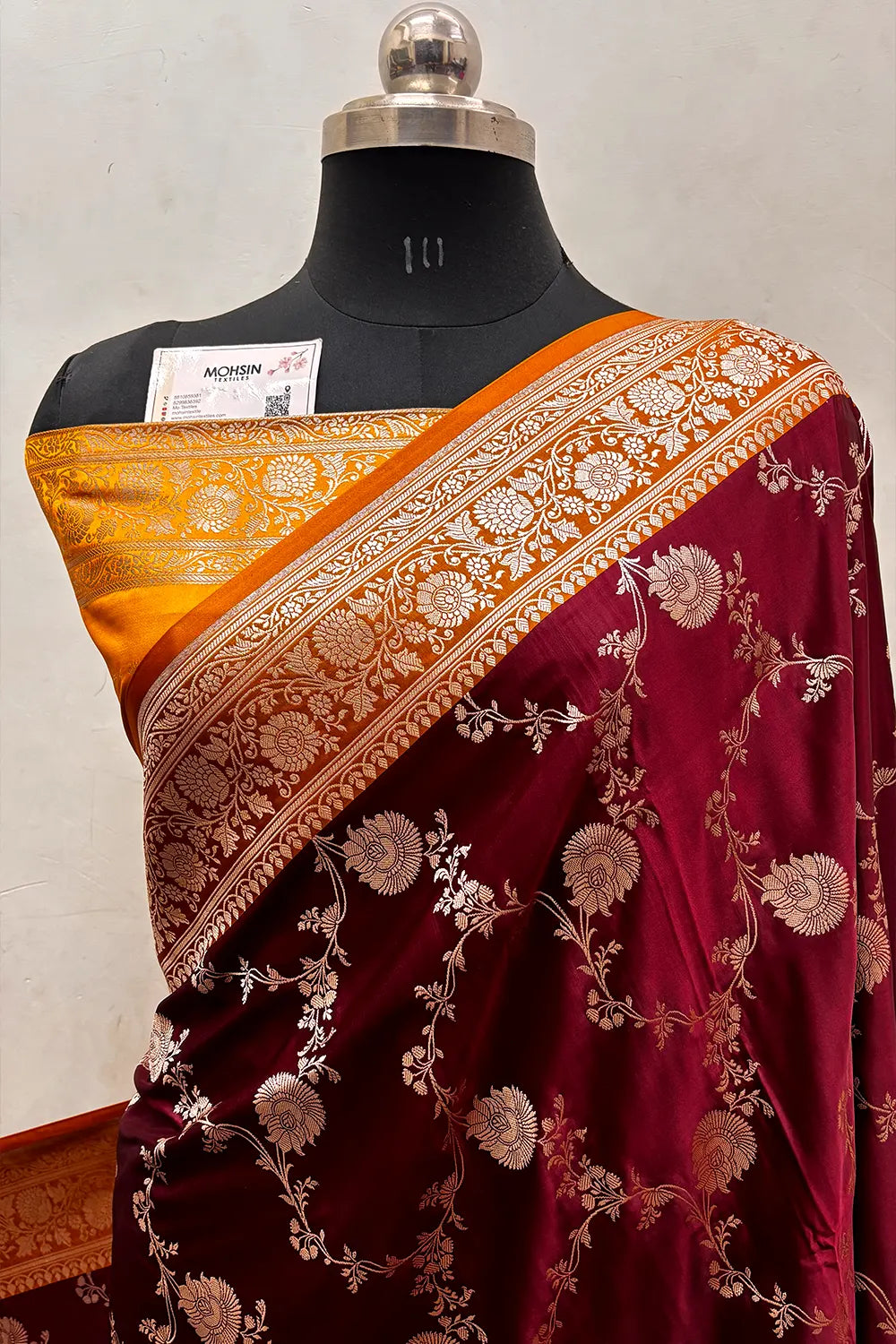 Wine and Mustard Zari Katan Silk Banarasi Saree