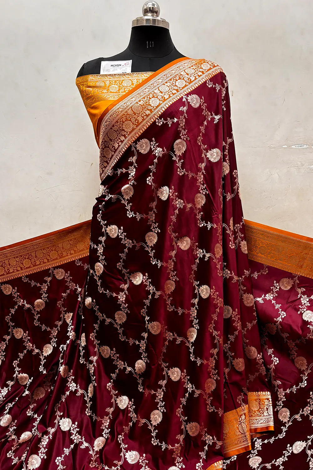 Wine and Mustard Zari Katan Silk Banarasi Saree