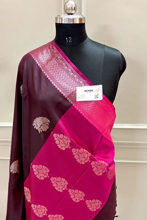 Wine and Pink Golden Zari Banarasi Silk Saree
