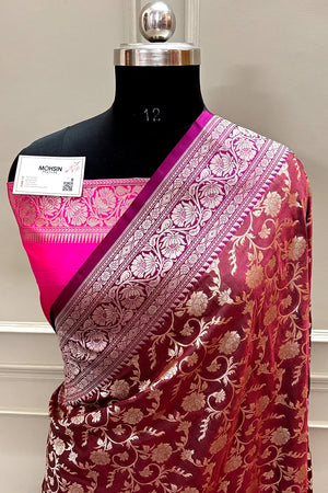 Wine and Pink Gulabi Jaal Katan Silk Banarasi Saree