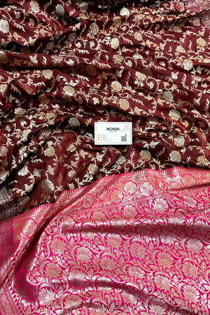 Wine and Pink Gulabi Jaal Katan Silk Banarasi Saree