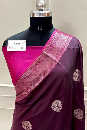 Wine and Pink Zari Banarasi Silk Saree