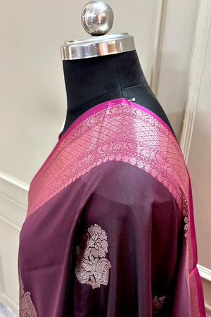 Wine and Pink Zari Banarasi Silk Saree