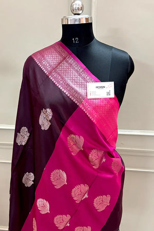 Wine and Pink Zari Banarasi Silk Saree