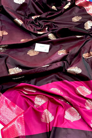 Wine and Pink Zari Banarasi Silk Saree