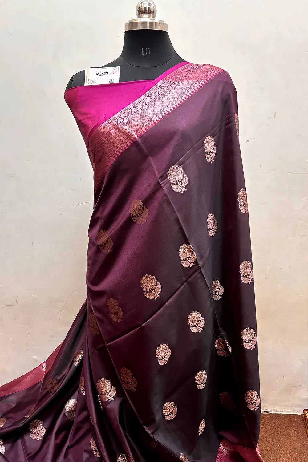 Wine and Pink Zari Semi Katan Silk Banarasi Saree