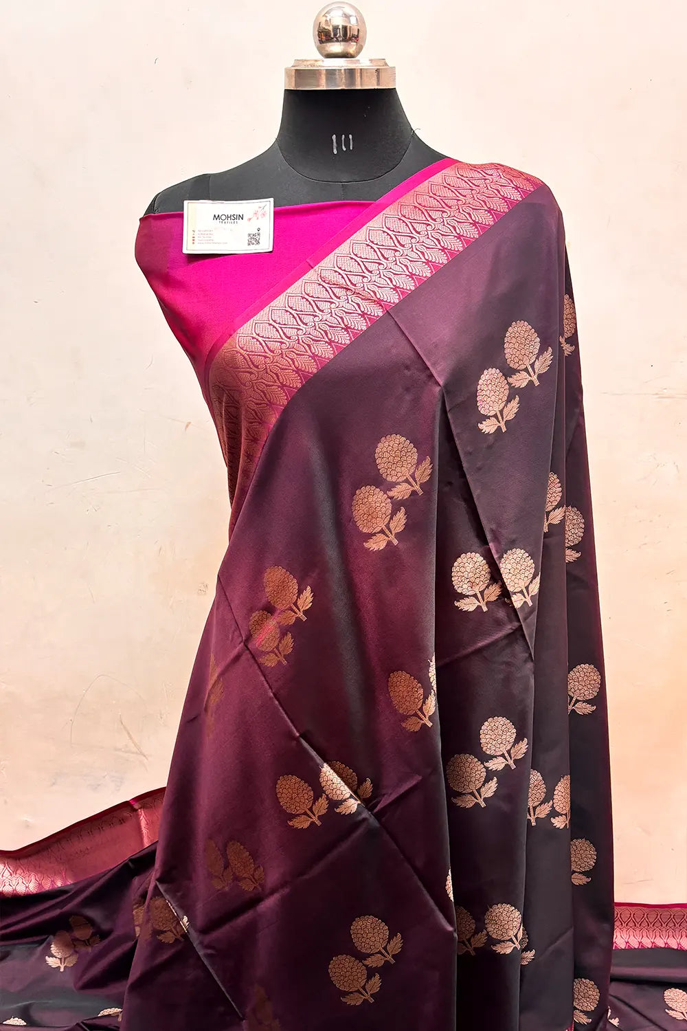 Wine and Pink Zari Semi Katan Silk Banarasi Saree
