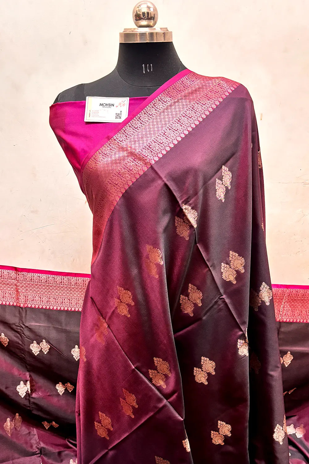 Wine and Pink Zari Semi Katan Silk Banarasi Saree