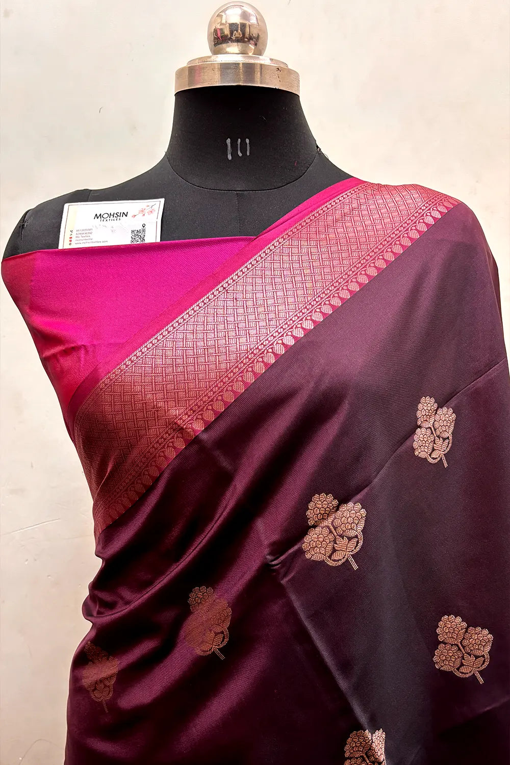 Wine and Pink Zari Semi Katan Silk Banarasi Saree
