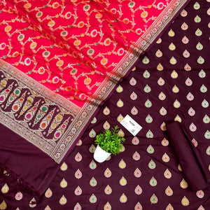 Wine and Red Zari Katan Silk Banarasi Suit