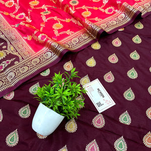 Wine and Red Zari Katan Silk Banarasi Suit