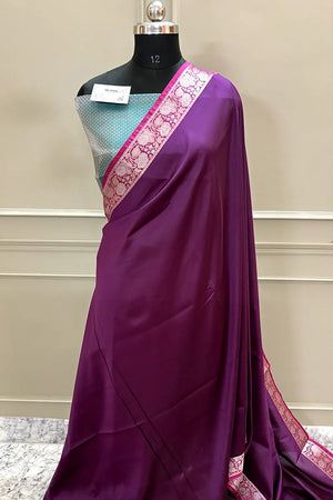 Wine and Teal Plain Banarasi Silk Saree