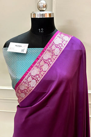Wine and Teal Plain Banarasi Silk Saree