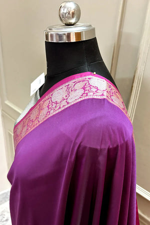 Wine and Teal Plain Banarasi Silk Saree