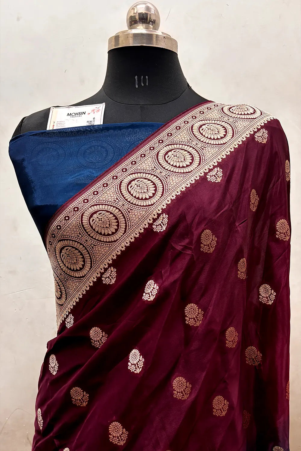Wine and Teal Zari Viscose Georgette Silk Banarasi Saree