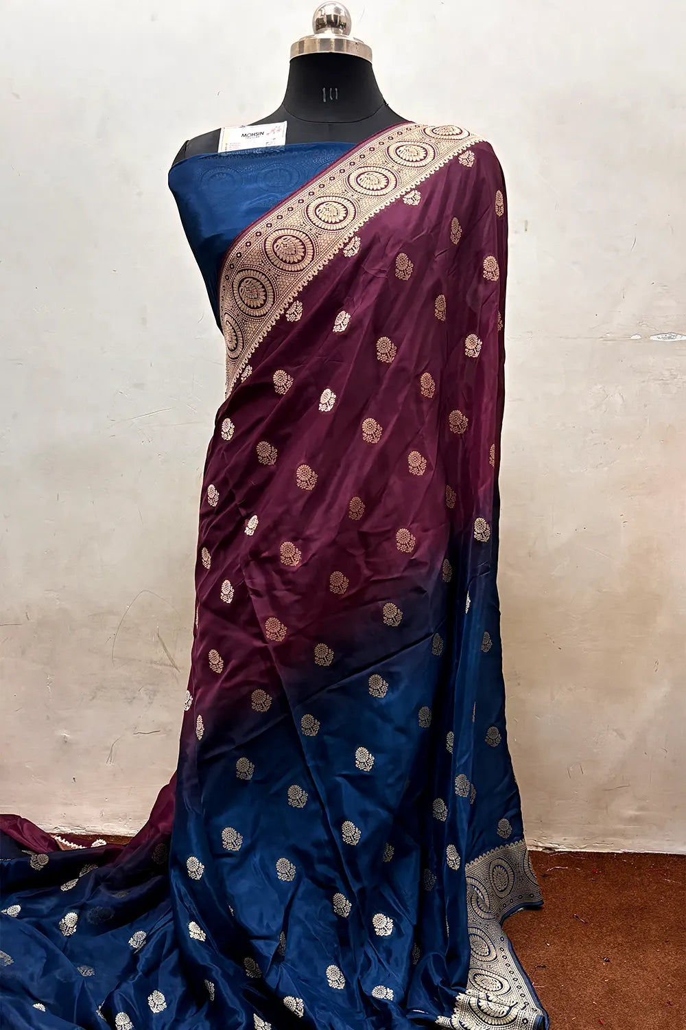 Wine and Teal Zari Viscose Georgette Silk Banarasi Saree