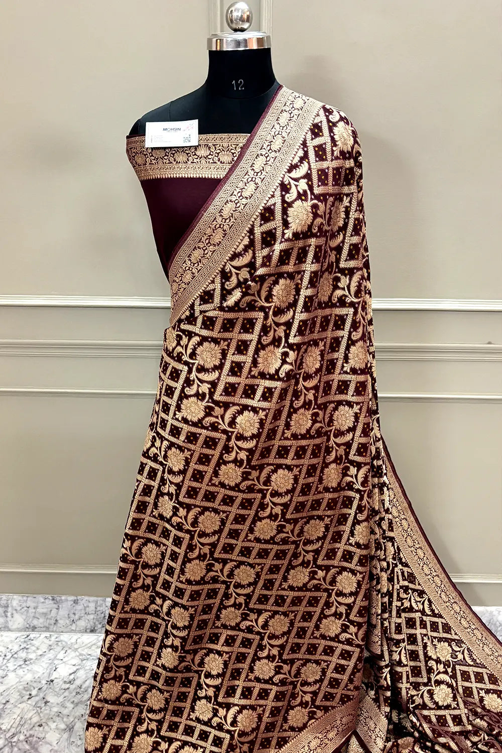Wine Bandhej Georgette Silk Banarasi Saree