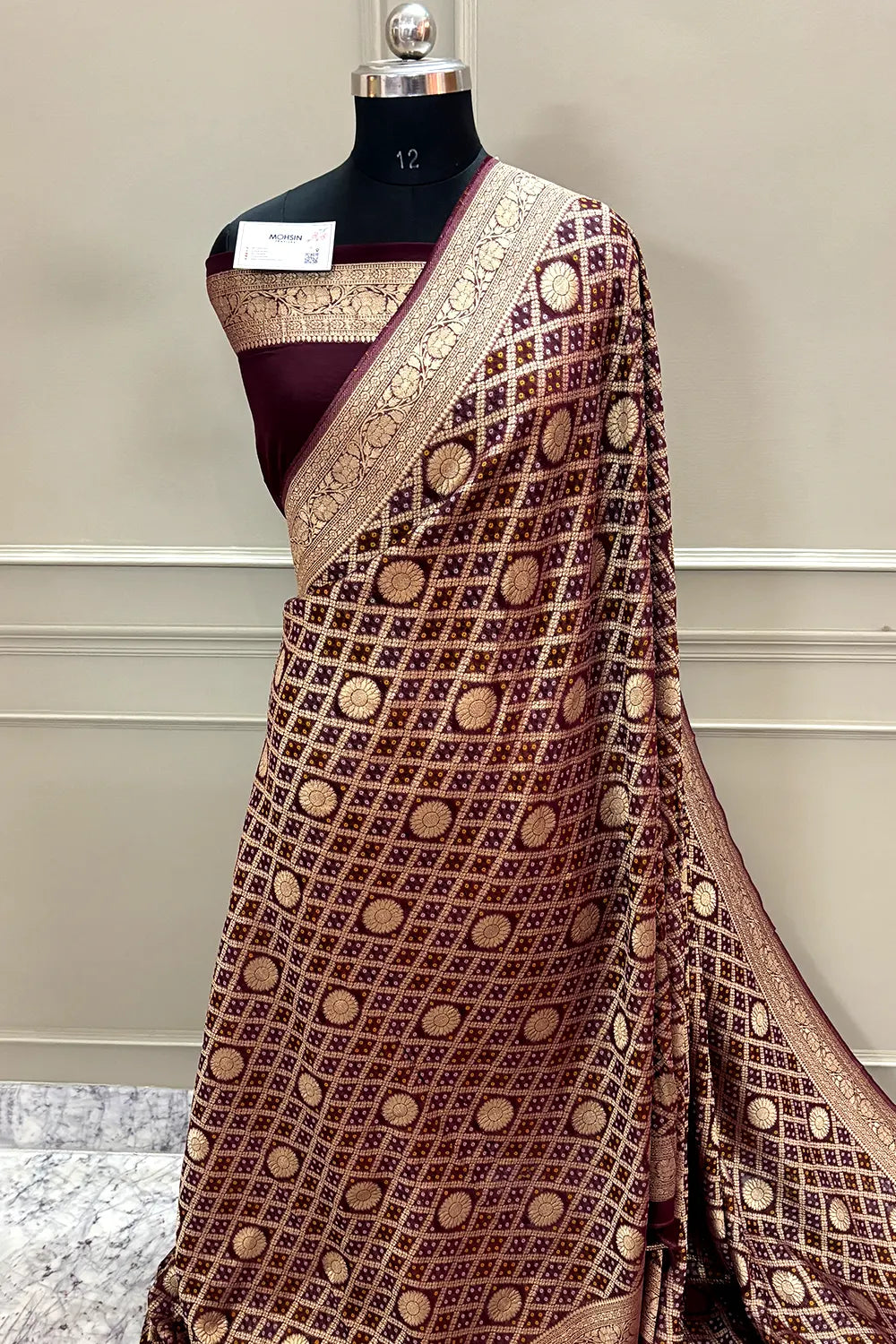 Wine Bandhej Georgette Silk Banarasi Saree
