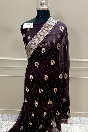 Wine Embordiery Siroski Work Silk Saree