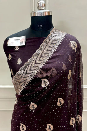 Wine Embordiery Siroski Work Silk Saree