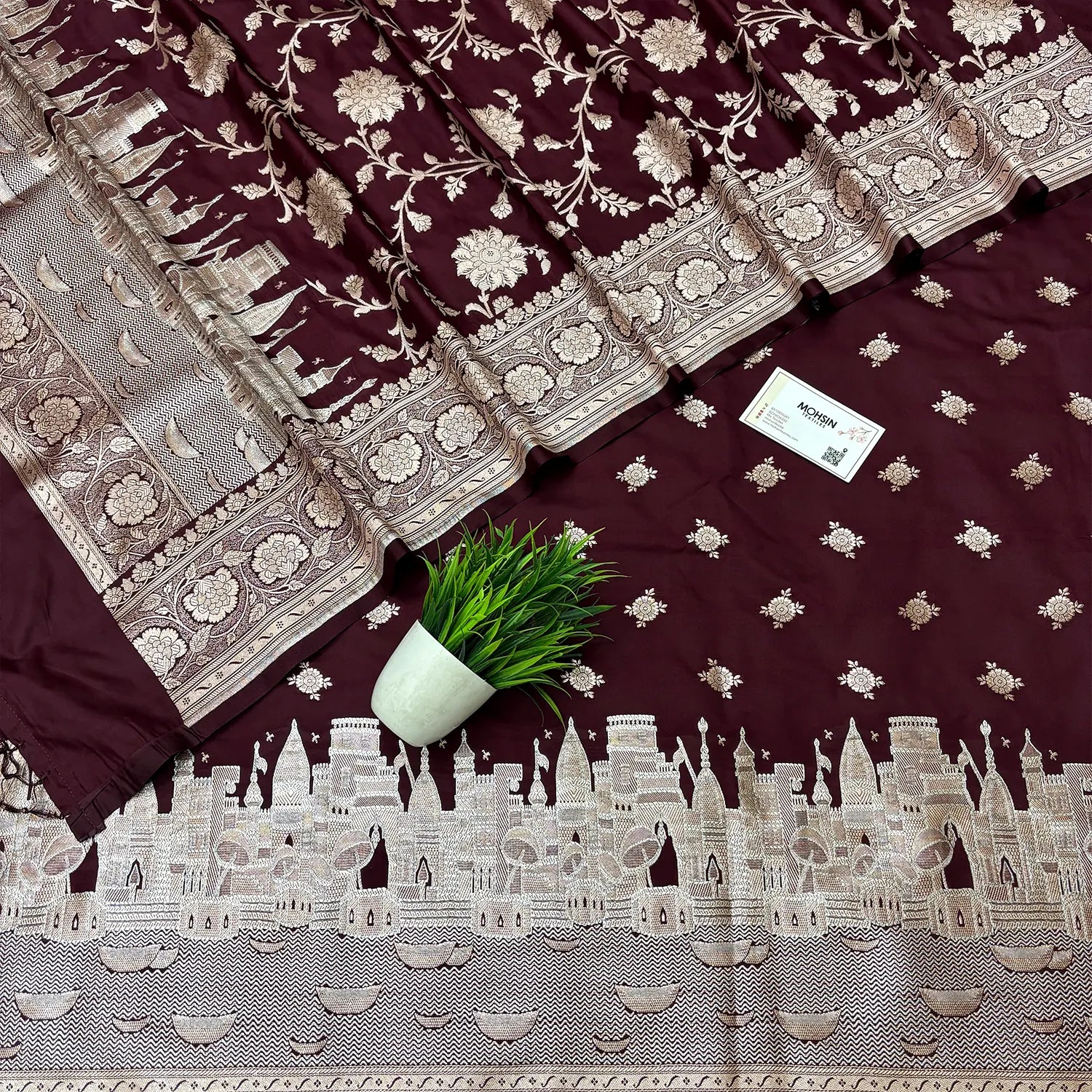 Wine Ganga Ghat Katan Silk Banarasi Suit