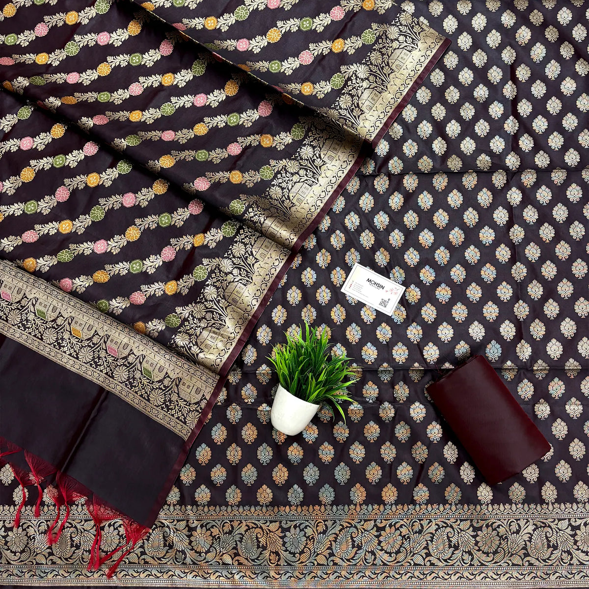 Wine Golden Zari Banarasi Silk Suit