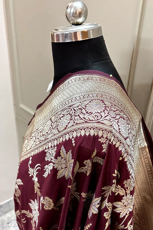 Wine Jasmine Jaal Katan Silk Banarasi Saree