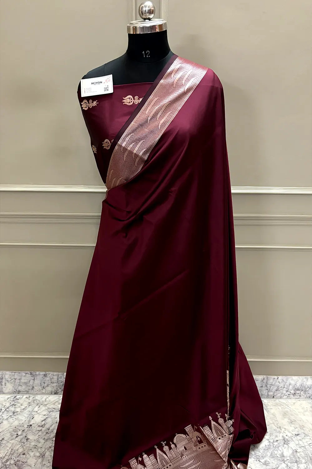Wine Kalyug Plain Satin Silk Banarasi Saree