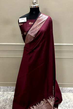 Wine Kalyug Plain Satin Silk Banarasi Saree
