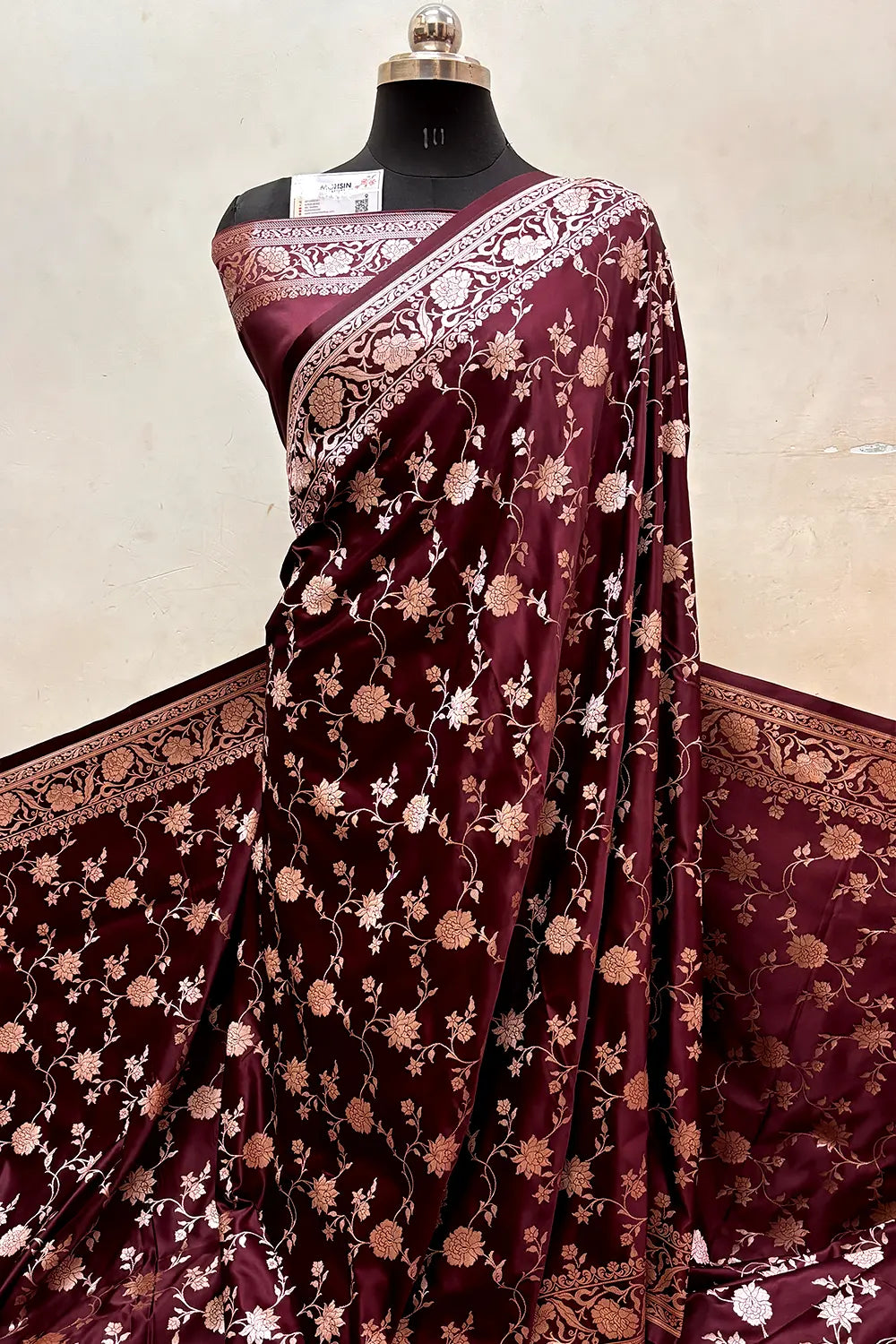 Wine Kesari Jaal Katan Silk Banarasi Saree