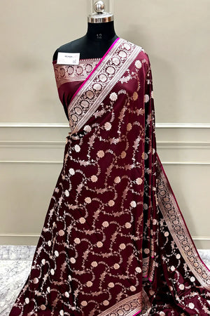 Wine Makra Jaal Katan Silk Banarasi Saree