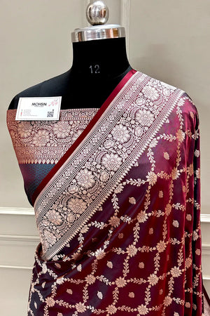 Wine Maroon Qaidi Buti Katan Silk Banarasi Saree