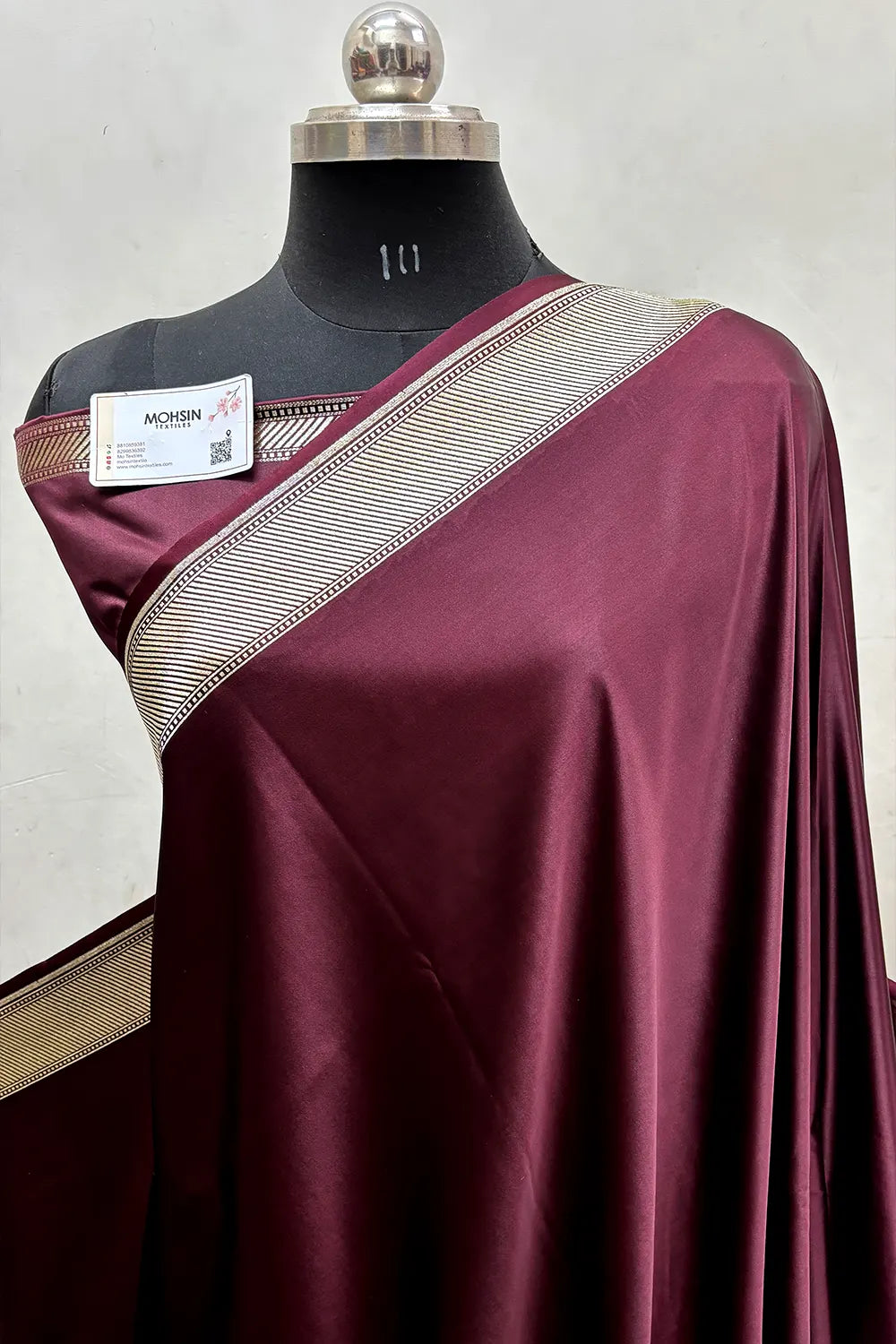 Wine Plain Ghat Katan Satin Silk Banarasi Saree