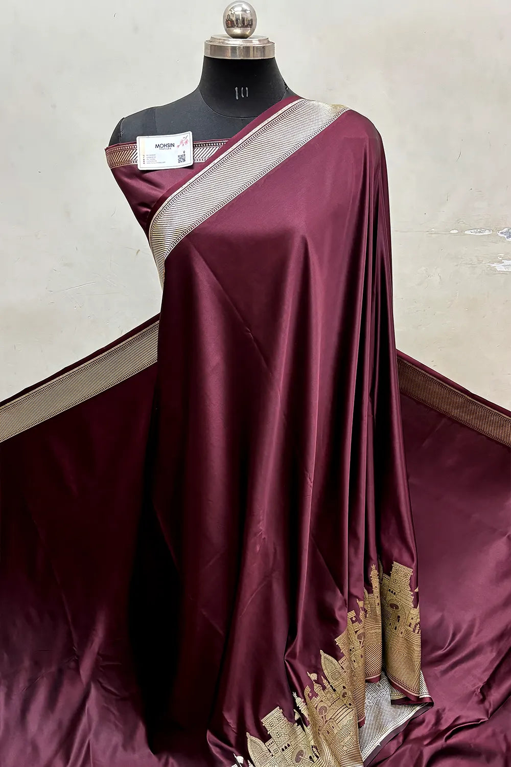 Wine Plain Ghat Katan Satin Silk Banarasi Saree