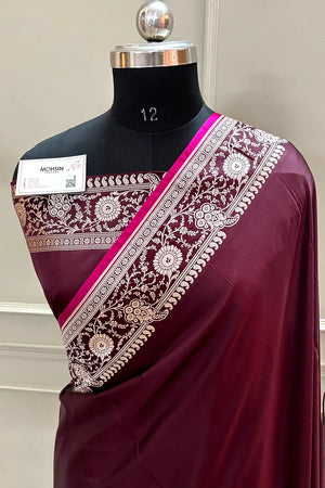 Wine Plain Katan Silk Banarasi Saree