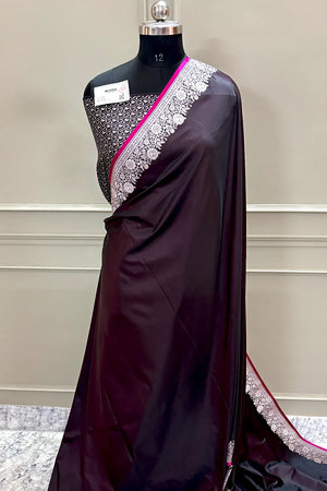 Wine Plain Zari Border Katan Silk Banarasi Saree