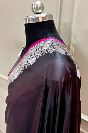 Wine Plain Zari Border Katan Silk Banarasi Saree