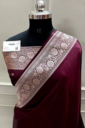 Wine Plain Zari Katan Mashru Silk Banarasi Saree