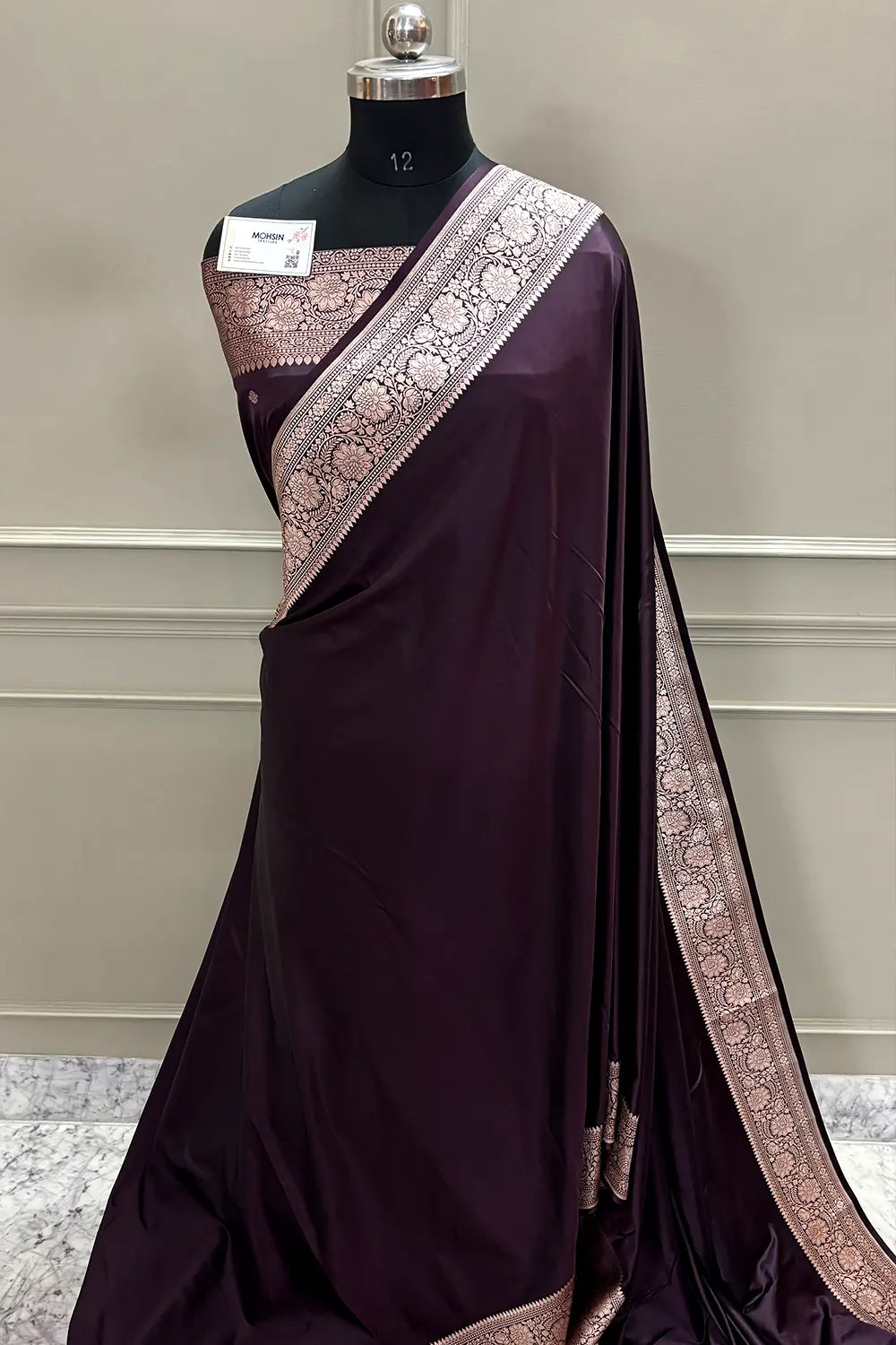 Wine Purple Plain Zari Katan Mashru Silk Banarasi Saree