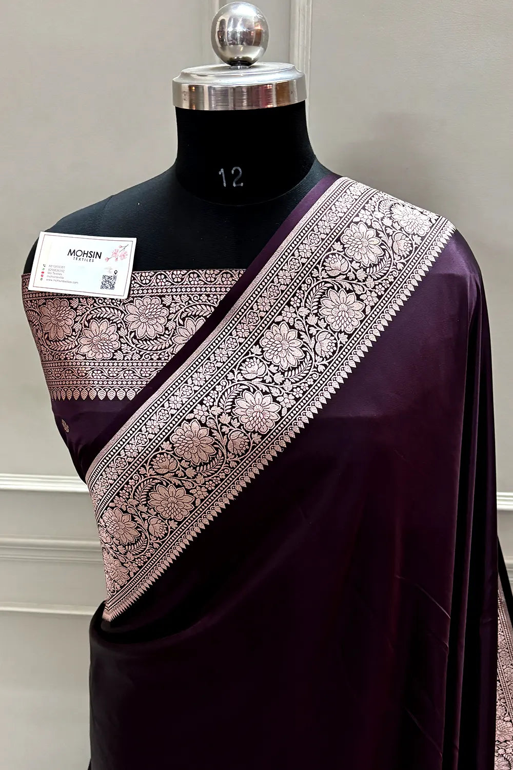 Wine Purple Plain Zari Katan Mashru Silk Banarasi Saree