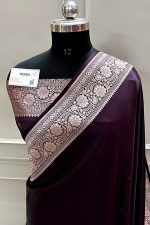 Wine Purple Plain Zari Katan Mashru Silk Banarasi Saree