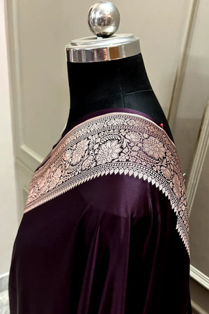 Wine Purple Plain Zari Katan Mashru Silk Banarasi Saree
