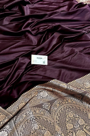 Wine Purple Plain Zari Katan Mashru Silk Banarasi Saree