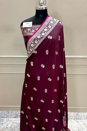 Wine Rose Buti Katan Silk Banarasi Saree