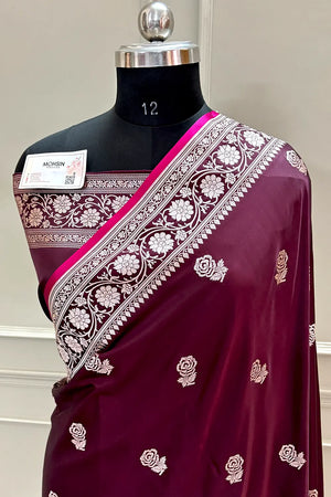 Wine Rose Buti Katan Silk Banarasi Saree